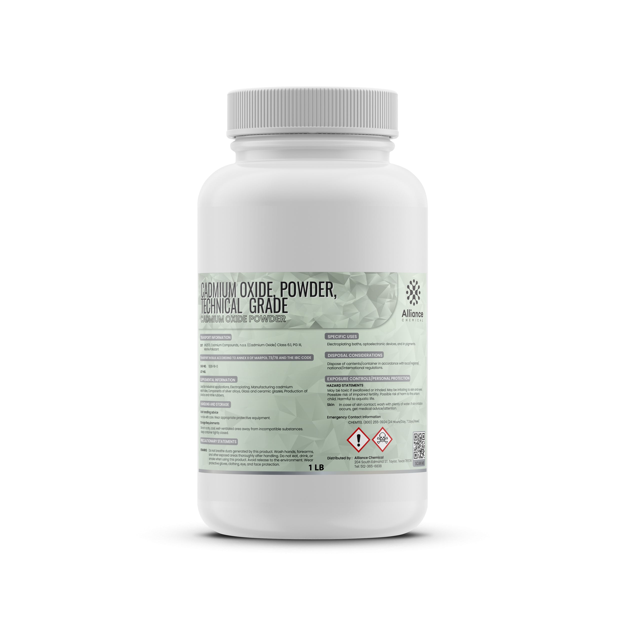1 LB white HDPE bottle of technical-grade Cadmium Oxide Powder with GHS toxic/health hazard symbols and safety information label on mint-green panel.